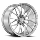 MRR F168 forged wheel in Brushed Clear, three quarter view showing the split spokes and barrel