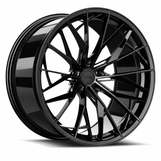 MRR F171 forged wheel in Gloss Black, three quarter view showing the split spokes and barrel