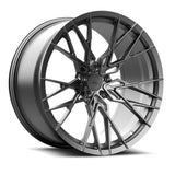 MRR F173 forged wheel in dark gray, three quarter view showing the split spokes and barrel
