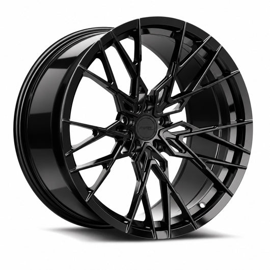 MRR F173 forged wheel in Gloss Black, three quarter view showing the split spokes and barrel