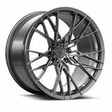 MRR F173 forged wheel in Gloss Gun Metal, three quarter view showing the split spokes and barrel