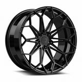 MRR F174 forged wheel in Gloss Black, three quarter view showing the web style split spokes