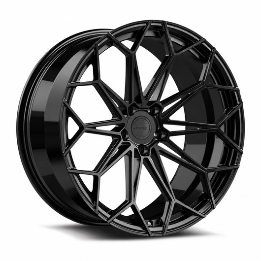 MRR F174 forged wheel in Gloss Black, three quarter view showing the web style split spokes