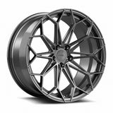 MRR F174 forged wheel in Gloss Gun Metal, three quarter view showing the web style split spokes