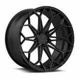 MRR F174 forged wheel in Matte Black, three quarter view showing the web style split spokes