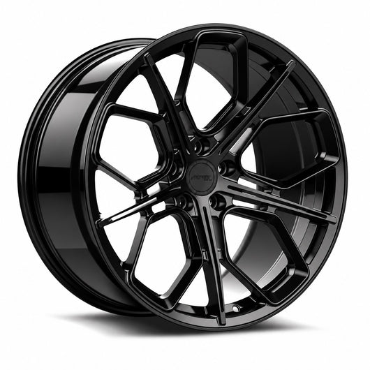 MRR F175 forged wheel in Gloss Black, three quarter view showing the split five spoke design