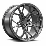 MRR F175 forged wheel in Gloss Gun Metal, three quarter view showing the split five spoke design