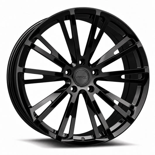 MRR F202 forged wheel in Gloss Black, three quarter view showing the split multi spoke design