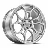 MRR F28 forged wheel in Brushed Clear, three quarter view showing the split five spoke design