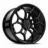 MRR F28 forged wheel in Gloss Black, three quarter view showing the split five spoke design