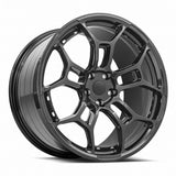 MRR F28 forged wheel in Gloss Gun Metal, three quarter view showing the split five spoke design