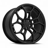MRR F28 forged wheel in Matte Black, three quarter view showing the split five spoke design