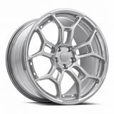 MRR F28 forged wheel in Silver, three quarter view showing the split five spoke design