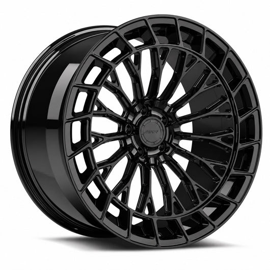 MRR F325 forged wheel in Gloss Black, three quarter view showing the slim multi spokes and windowed outer ring