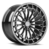 MRR F325 forged wheel in a dark polished finish, three quarter view showing the slim multi spokes and windowed outer ring