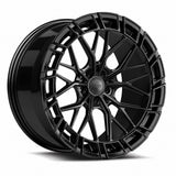 MRR F326 forged wheel in Gloss Black, three quarter view showing the split spokes and pocketed outer ring