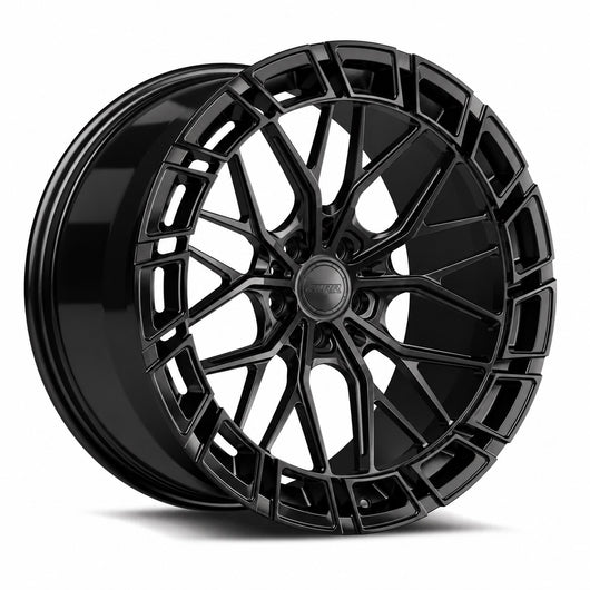 MRR F326 forged wheel in Gloss Black, three quarter view showing the split spokes and pocketed outer ring