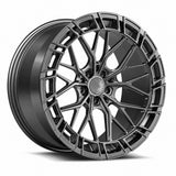 MRR F326 forged wheel in Gloss Gun Metal, three quarter view showing the split spokes and pocketed outer ring