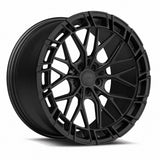 MRR F326 forged wheel in Matte Black, three quarter view showing the split spokes and pocketed outer ring