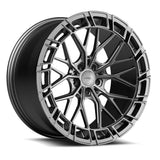 MRR F326 forged wheel in dark gray, three quarter view showing the split spokes and pocketed outer ring