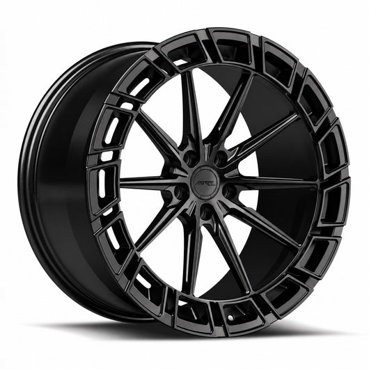 MRR F327 forged wheel in Gloss Black, three quarter view showing the slim spokes and pocketed outer ring