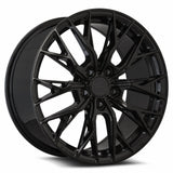 MRR GF5 18x8.5 wheel in Gloss Black, angled front view of the concave split spoke face