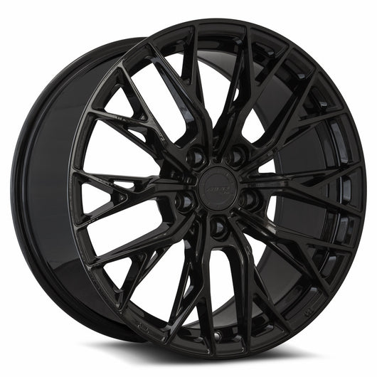 MRR GF5 18x8.5 wheel in Gloss Black, angled front view of the concave split spoke face
