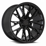 MRR GF5 20x10 wheel in Gloss Black, angled front view of the deep concave split spoke face
