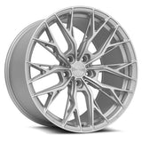 MRR GF5 20x11 wheel in Silver Machine Face, angled front view of the deep concave split spoke face