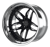 NES SS-2T two piece forged wheel with a split 5 spoke center in black and a polished lip