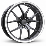 MRR F101-L forged wheel in graphite gray with polished outer lip, three-quarter angled view