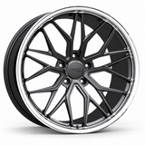 MRR F103-L forged wheel, graphite gray face and polished silver outer lip, angled view