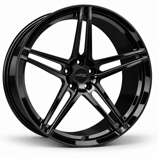 MRR F104 forged wheel in Gloss Black, angled view showing the five split spoke groups and open spoke slots