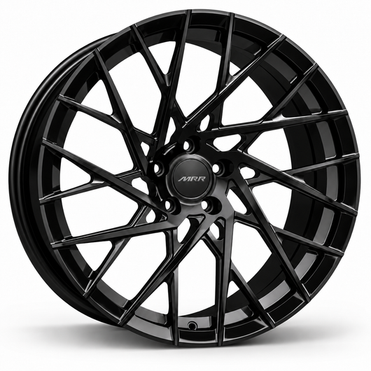MRR F117 forged wheel in Gloss Black, angled view showing the open swept spokes