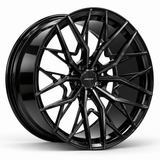MRR F159 forged wheel in Gloss Black finish, angled view, angular branching spokes and a plain outer rim