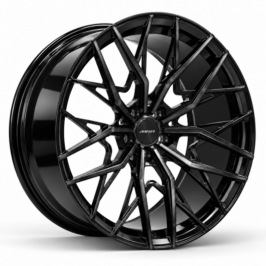 MRR F159 forged wheel in Gloss Black finish, angled view, angular branching spokes and a plain outer rim