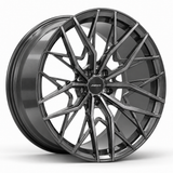 MRR F159 forged wheel in Gloss Gun Metal finish, angled view, angular branching spokes and a plain outer rim