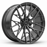 MRR F159 forged wheel in gray finish, angled view, angular branching spokes and a plain outer rim