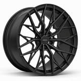 MRR F159 forged wheel in Matte Black finish, angled view, angular branching spokes and a plain outer rim