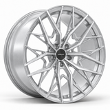 MRR F159 forged wheel in Silver finish, angled view, angular branching spokes and a plain outer rim