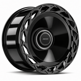 MRR F320-B forged wheel in Gloss Black finish, angled view, solid disc with directional outer vents