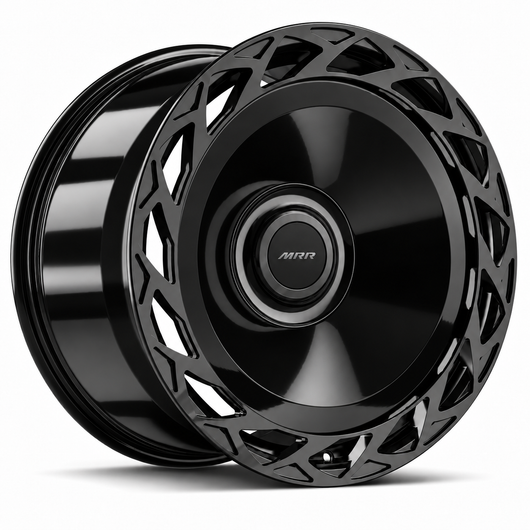 MRR F320-B forged wheel in Gloss Black finish, angled view, solid disc with directional outer vents