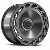 MRR F320-B forged wheel in Gloss Gun Metal finish, angled view, solid disc with directional outer vents