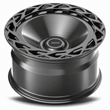 MRR F320-B forged wheel in gray finish, top-front barrel view, solid disc with directional outer vents