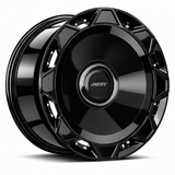 MRR F320-C forged wheel in Gloss Black finish, angled view, solid disc with paired perimeter fasteners