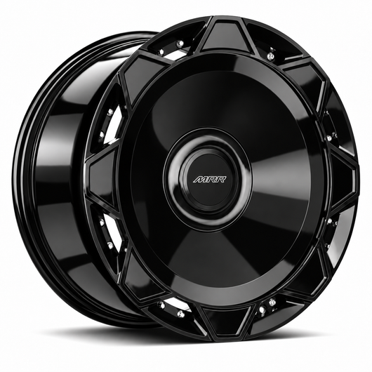 MRR F320-C forged wheel in Gloss Black finish, angled view, solid disc with paired perimeter fasteners