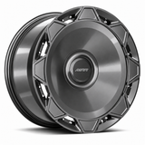 MRR F320-C forged wheel in Gloss Gun Metal finish, angled view, solid disc with paired perimeter fasteners