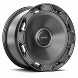 MRR F320-C forged wheel in gray finish, angled view, solid disc with paired perimeter fasteners