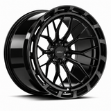 MRR F321-A forged wheel in Gloss Black finish, angled view, branching spokes and a continuous vented outer ring