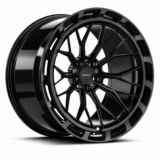 MRR F321-A forged wheel in Gloss Black finish, angled view, branching spokes and a continuous vented outer ring